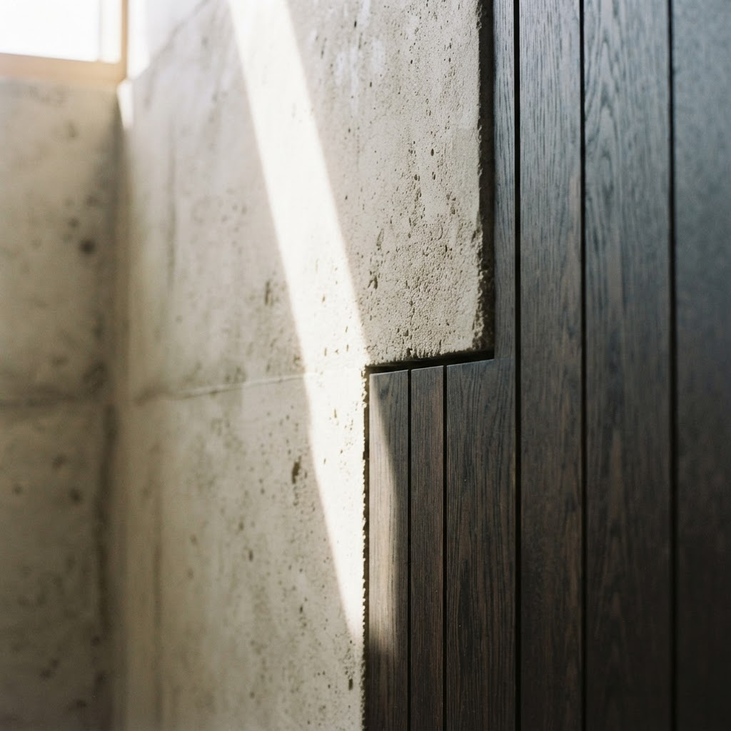 Detalle arquitectónico de muro de concreto y madera con luz natural